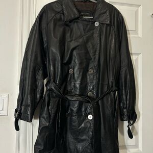 Vintage Venezia leathers Black jacket Trench Coat robe belted size 18-20 plus